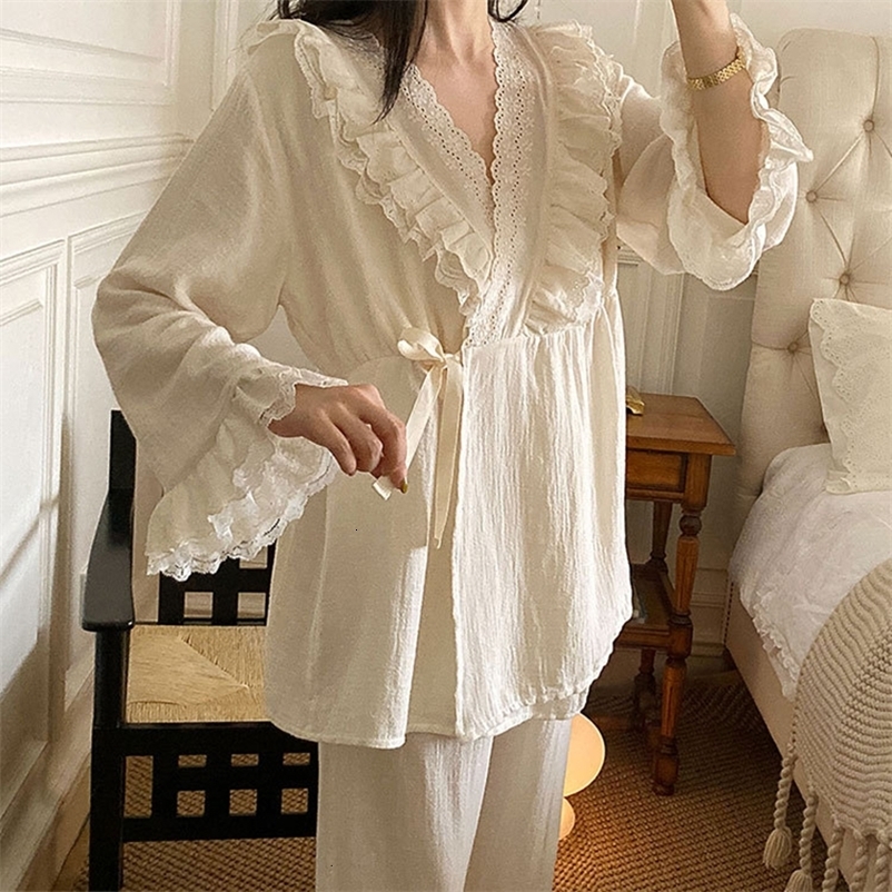 Women's Sleepwear Pajamas Women Autumn Cotton Sleepwear Lace sleeve Pajama set 230309