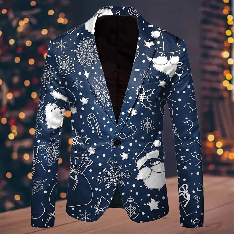 Men Suit Blazer Christmas Snowflake Santa Printed Pocket Lapel Button Suit Jacket Fashion Suit Gentleman Party Suit Men Clothing 240117
