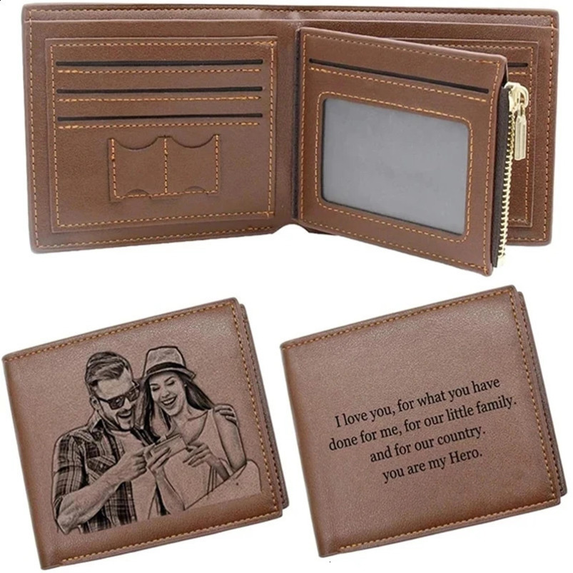 Ship from US Engraving Picture Wallet DIY Customized Image Carving Text Mens Short Slim Three Fold Leather Fathers Day Zipper Coin Purse 250228FBB