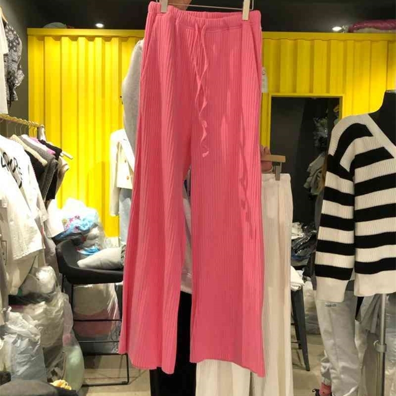 Summer Thin Solid Elastic High Waist Pink Wide Leg Pants Women Cotton Loose Casual Fashion Pantalones De Mujer Oversize Wild 210429