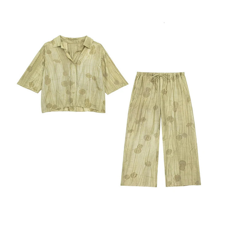 Print Women Shirts Pants Suit Casual Half Sleeve Jacquard Turndown Collar Shirt Wide Leg Empire Female Suits Summer Lady Set 240423