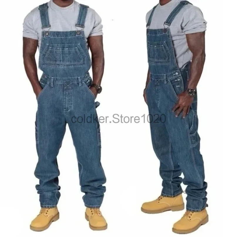 mens denim set with casual multiple pockets loose splicing straight pants fashionable and adjustable suspension jeans 240925