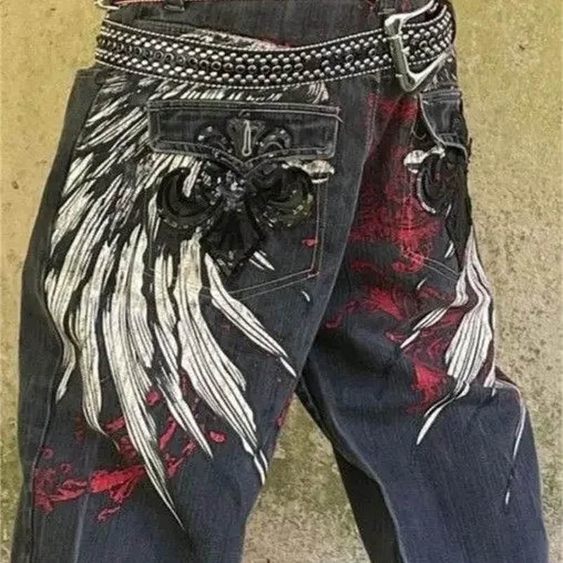 Y2K Jeans Men Harajuku Retro Gothic Wing Embroidery Baggy Jeans Vintage Jeans Punk Hip Hop Gothic Wide Leg Pants Street Wear 240429