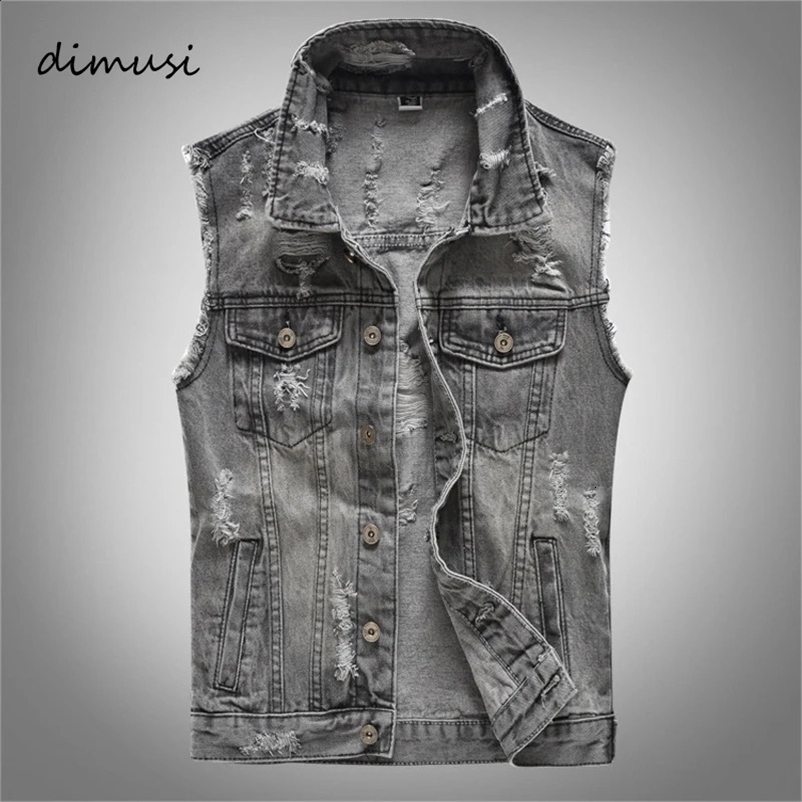 DIMUSI Spring Vintage Mens Denim Vest Male Retro Sleeveless Jackets Men Ripped Hole Button Jean Waistcoats Clothing 5XL 240912