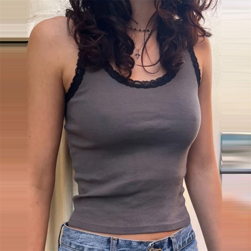 Camisoles Tanks Cute Girl Lace Trim 2000s Retro Tank Tops Y2K Clothes Women Summer Sleeveless Slim Fit Vest Korean Harajuku Vintage Crop Tops 230420