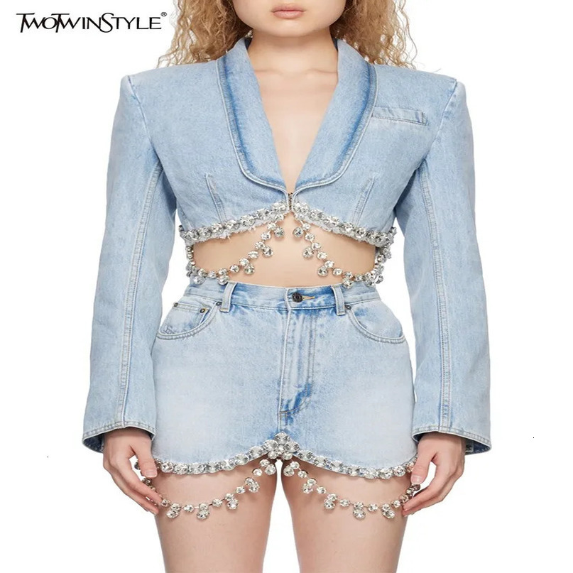 TWOTWINSTYLE Spliced Diamonds Tassel Denim Two Piece Set For Women Lapel Long Sleeve Coat High Waist Mini Skirt Fashion 240423