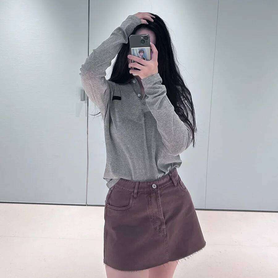 Fashionable Casual Miu Style Polo Neck T-Shirt Autumn Winter Simple Design Youthful Embroidery Versatile Top For Women