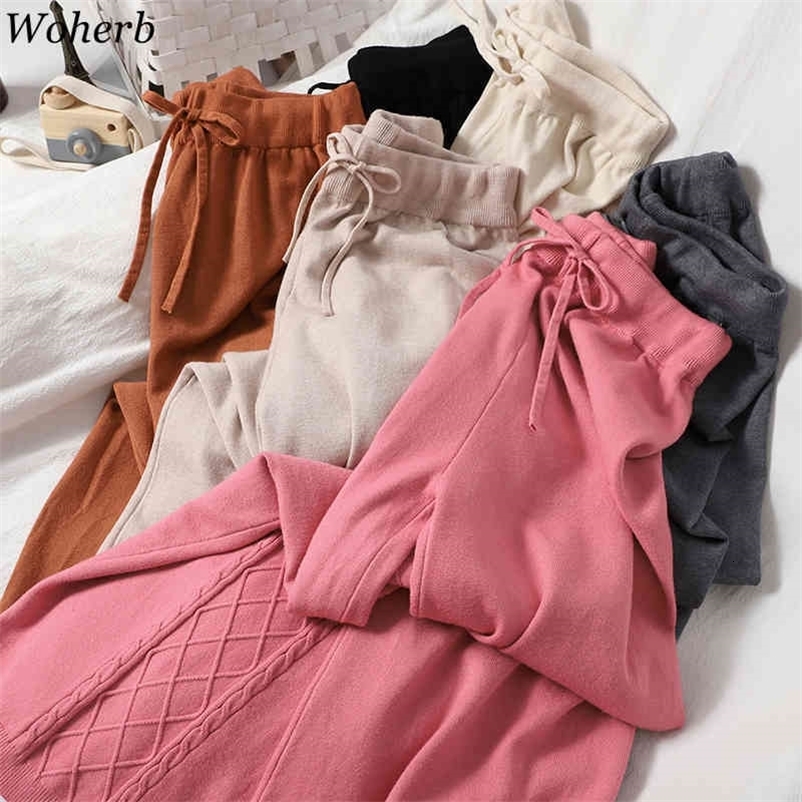 Knitted Casual Harem Pants Fall Clothes Bottoms Solid High Waist Trousers Streetwear Pocket Straight Sweatpants 210422