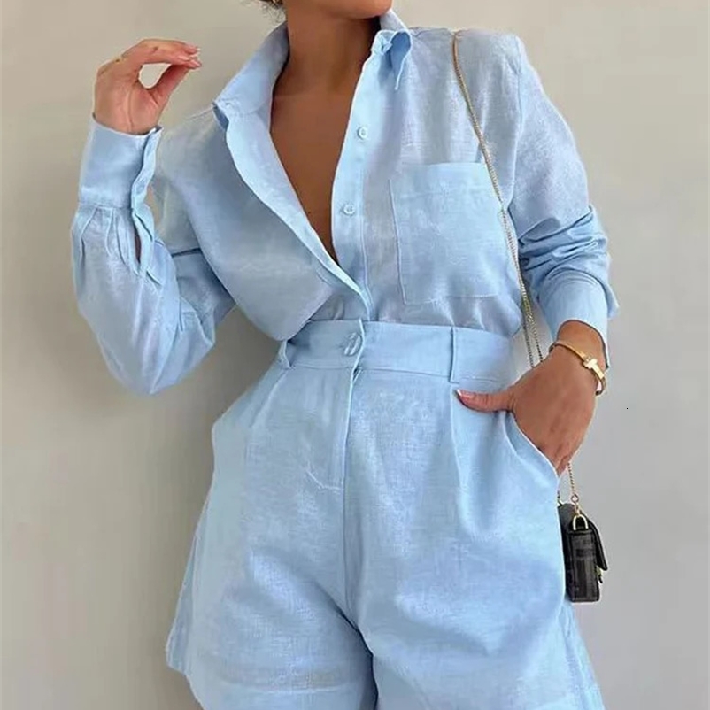 Womens summer shorts set long sleeved shirt shorts 2-piece set lightweight shirt casual loose fit set 250318