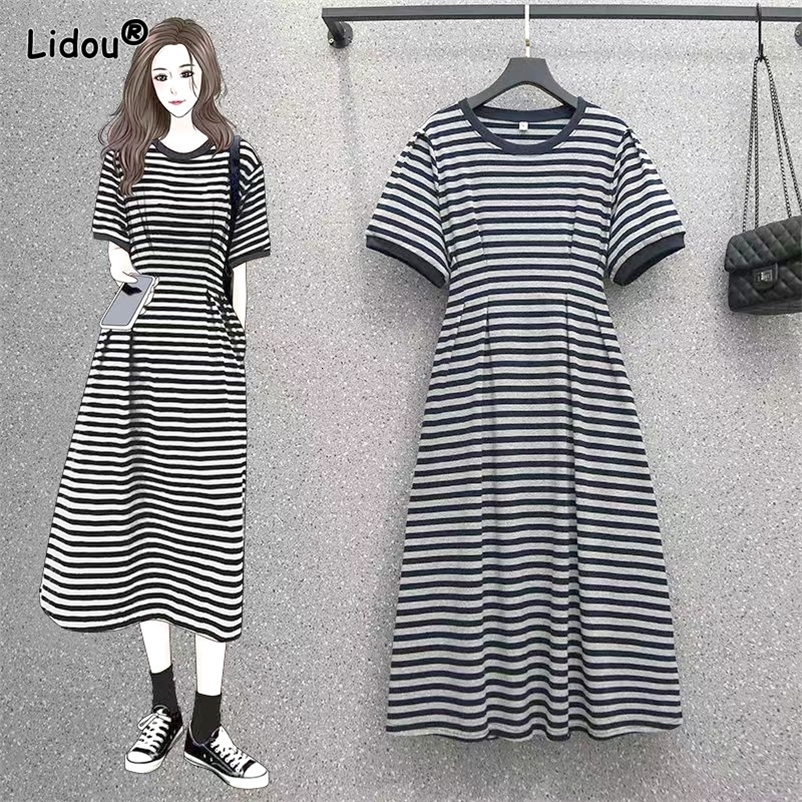 Casual Dresses Striped O-neck Dresses Empire Brocade Pullover Casual Women's Clothing Summer Trend All-match Comfortable Slim Fit 230316