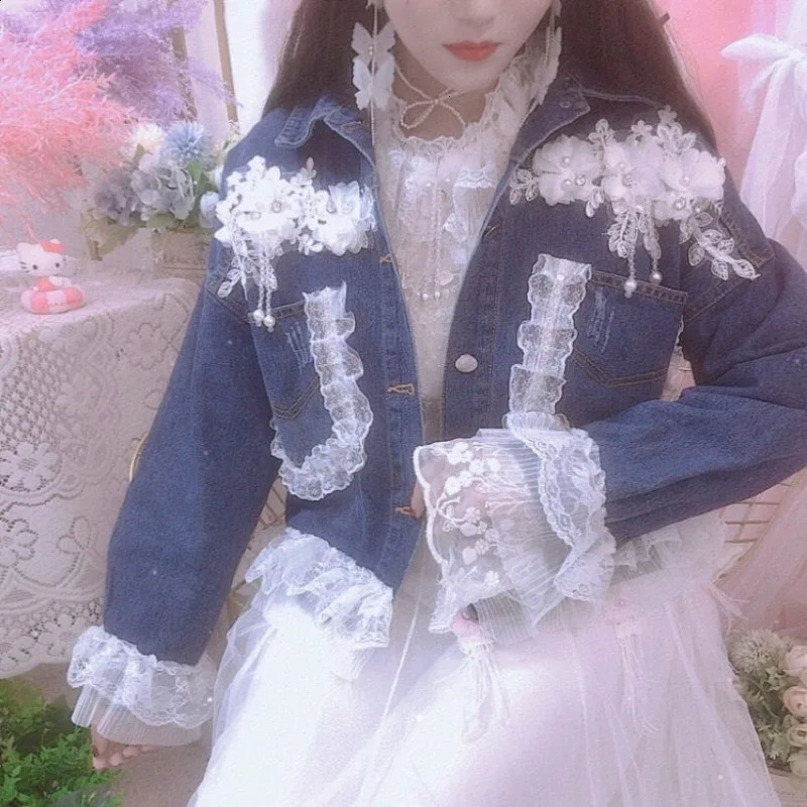Stereo Flower Beading Diamonds Denim Jacket Y2k High Street Early Autumn Chic Coat Lace Patchwork Single-breasted Sweet Jaquetas 250116