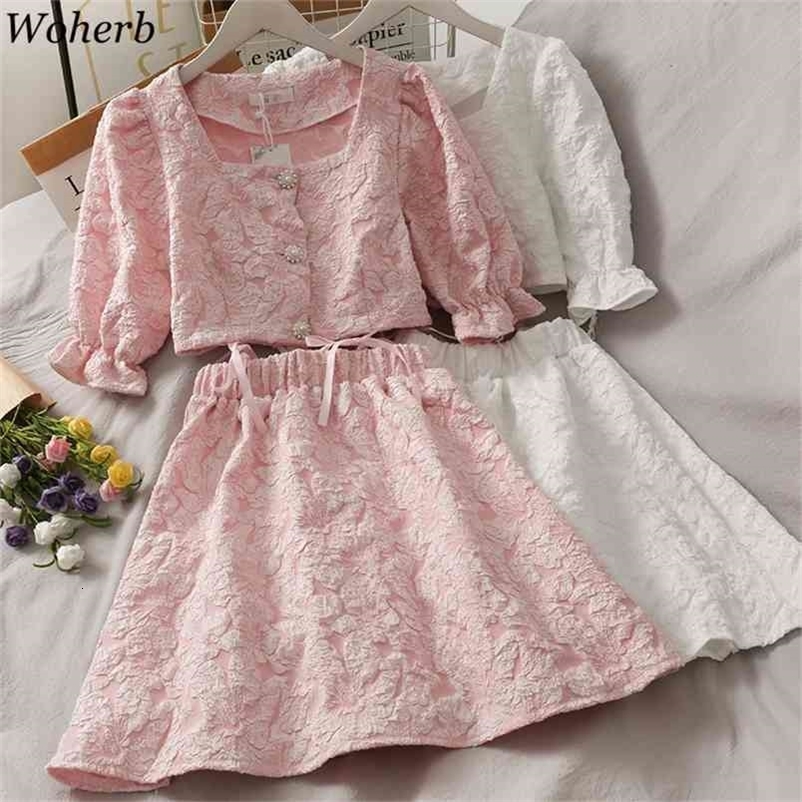 Two Piece Set Summer Floral Crop Top Blouse + High Waist Mini Skirts Korean Fashion Chic Elegant 2 Women 210519