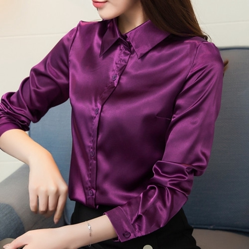 Women's Blouses Shirts Stinlicher Satin Silk Shirt Women Autumn Long Sleeve Elegant Work Wear Tops Korean Fashion Purple Green Blue Blouse Shirt 