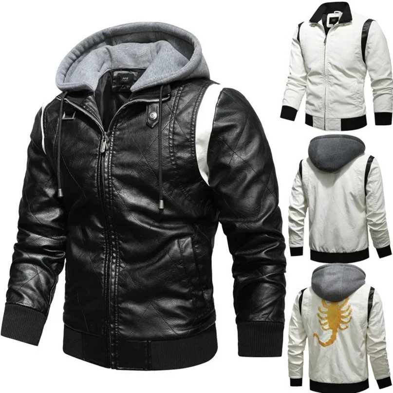 Autumn and winter bomber leather jacket mens scorpion embroidery hooded jacket PU leather motorcycle mens Ryan Gosling Drive jacket 241031