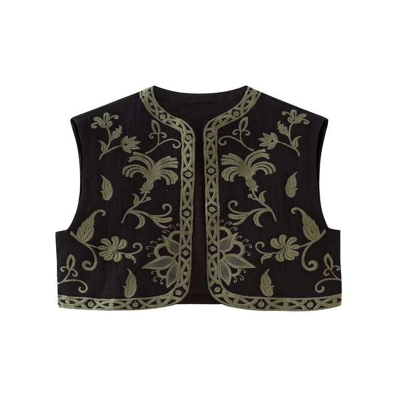Women Vintage O Neck Flower Embroidery Short Vest Jacket Ladies Sleeveless Casual Cardigan WaistCoat Crop Tops CT5359 240523
