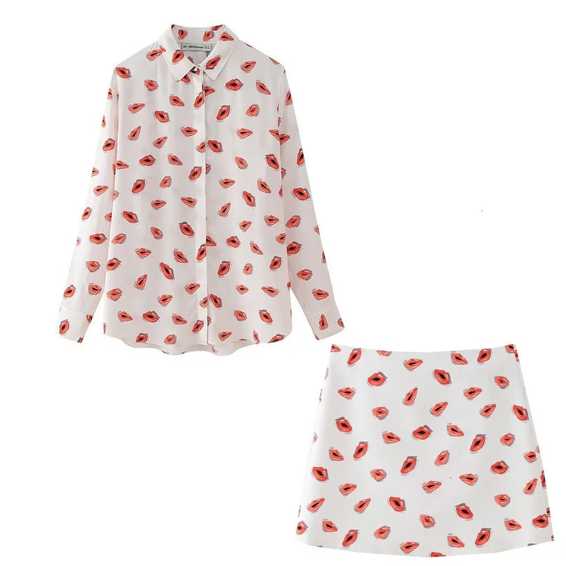 Elegant Printed Skirts Suits 2 Piece Set for Women Shirts Mini Skirt Sets Pieces Office Ladies Long Sleeve Top Blouse 240423