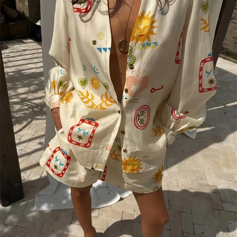 Womens fashion elastic waist two-piece set elegant floral print lapel long sleeved shorts set casual holiday set 250318