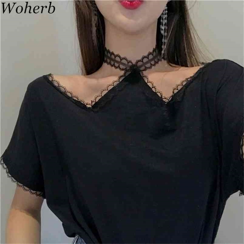 Arrival Summer Lace Patchwork Vintage T Shirt Short Sleeve Korean Fashion Sexy Halter Casual Shirts Femme 210519