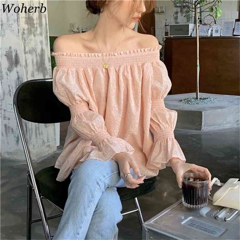 Women Floral Print Blouse Elegant Korean Style Chic Long Sleeve Off Shoulder Tops Shirt Thin Chiffon Blusas Blouses 210519