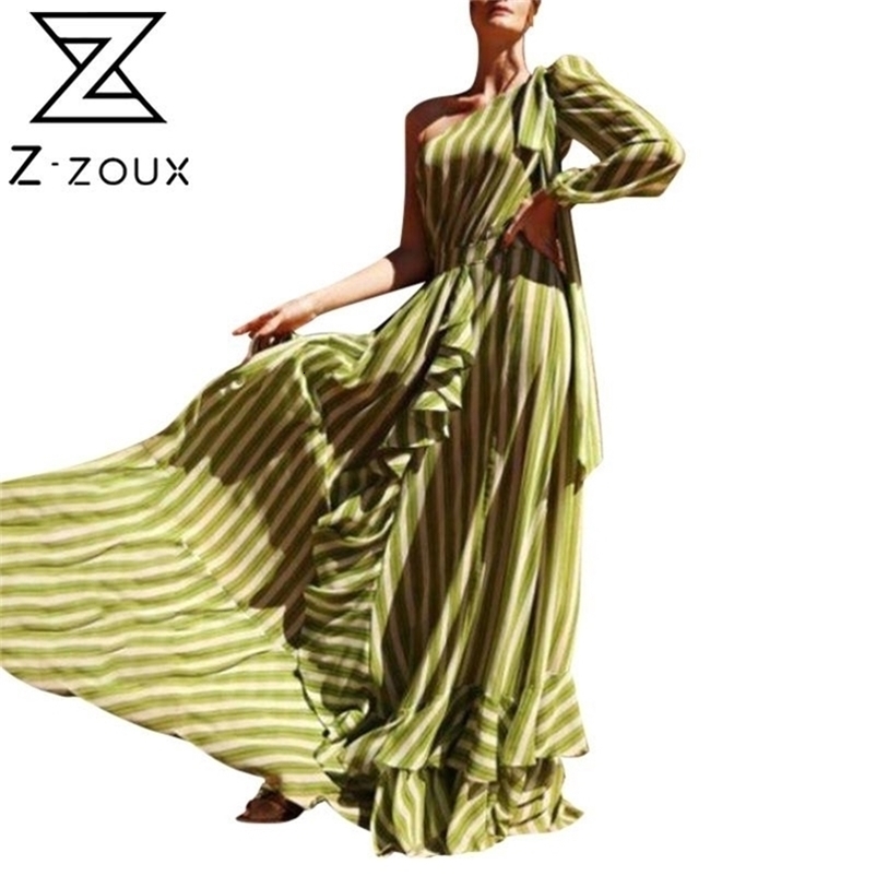 Women Dress Striped One Shoulder Bohemian Sexy Long Printed Maxi es Ruffles Large Hem Plus Size es Spring 210513
