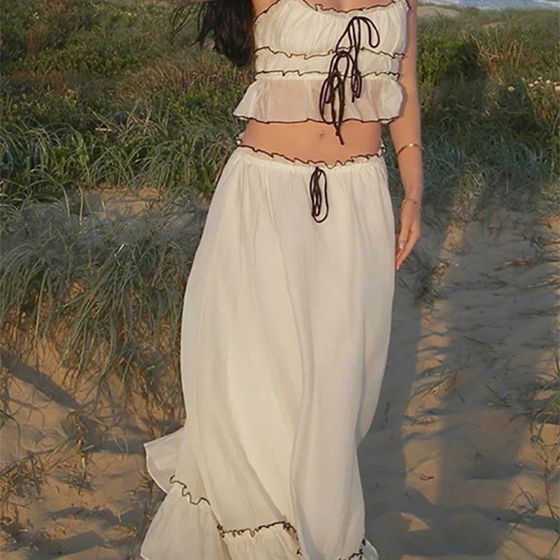 Abrini Elegant Backless Y2K 2-piece Lace spaghetti Strap Folded Hanging Tank TopBeach Skiing Set Holiday Womens Wear 250423