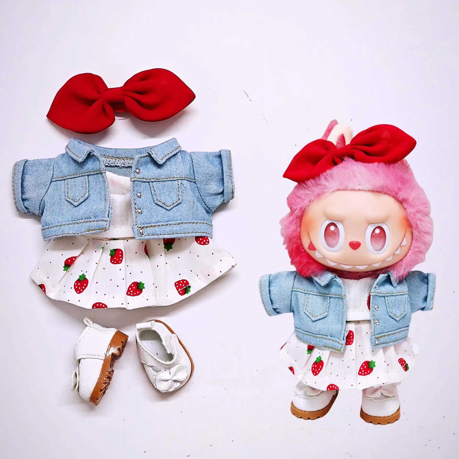 Labubu Doll Clothes Set Strawberry Dress Denim Jacket Colorful Headphones Shoes Cute Plush Outfits for 13 Gen C250924