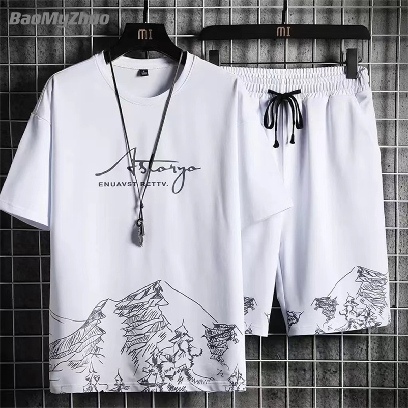 Men's Tracksuits Summer Men's 2-piece Fashion Casual Solid Short Sleeve T-shirt and Shorts Sportswear Breathable Men's Wear 230424