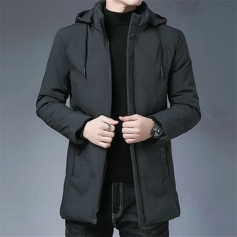 Fashionable mens long Parkas jacket solid ultra-thin fit warm jacket windproof jacket hooded cotton pad zipper windproof jacket 241007
