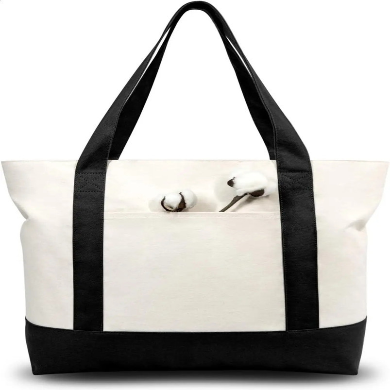 Fashionable canvas handbag with outer pocket top zipper daily essentials blacknatural 240724