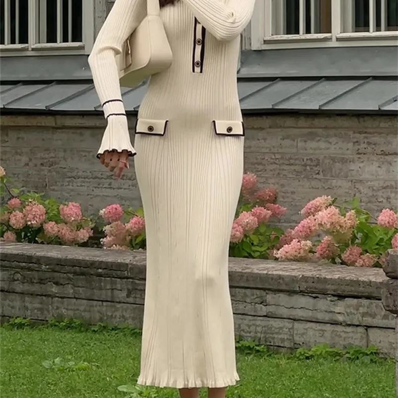 Contrast Ruffled Knitted Dress Women Fashion Autumn Long Sleeve Single Breasted Midi Dresses Lapel High Waist Vestidos 240828