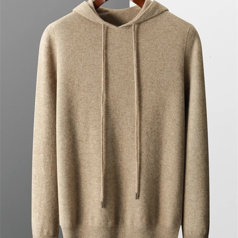 Autumn Winter Mens Cashmere Hoodie Sweater 100% Merino Wool Hooded Pullover Large Size Knitwear Quality Soft Casual Jumpers 240912