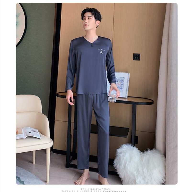 men's ice silk pajamas suit men's long-sleeved thin pajamas men's sleeping lounge home wear soft and comfortable pajamas 211019