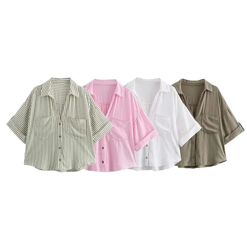 TRAF womens shirt linen blend womens short sleeved casual button up shirt womens top 250318