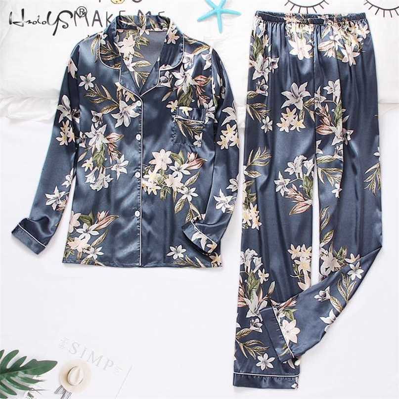 Spring Autumn Women's Pijamas Silk Satin Pajamas Set Long Sleeve and Trouser Pyjamas Suits Sleepwear Loungewear Female Mujer 211118