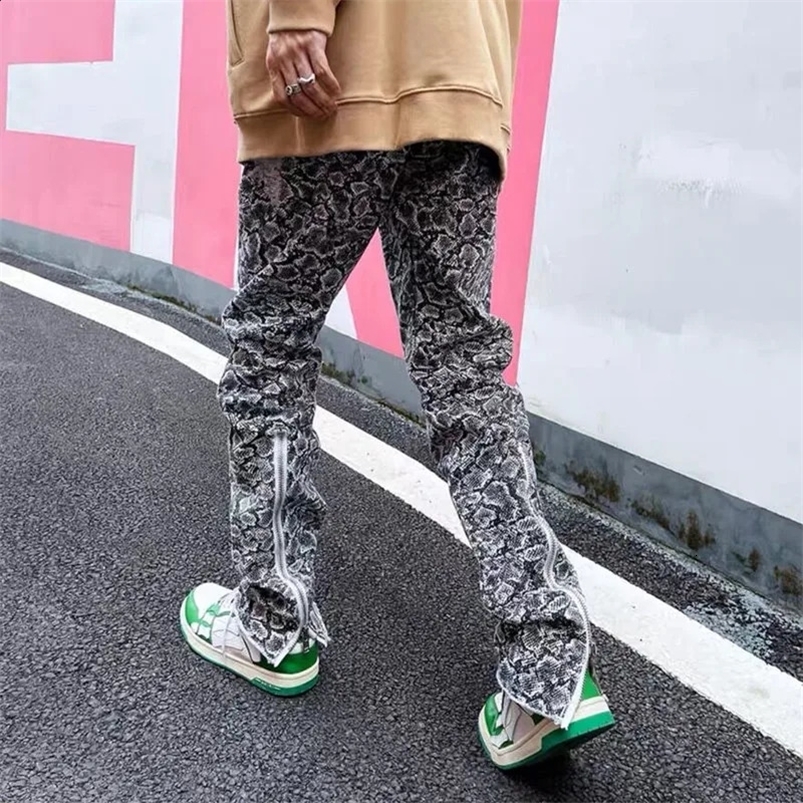 Y2K Streetwear Snake Graphic Baggy Zipper Ripped Jeans Pants For Men Clothing Straight Cotton Long Trousers Pantalon Homme 240828