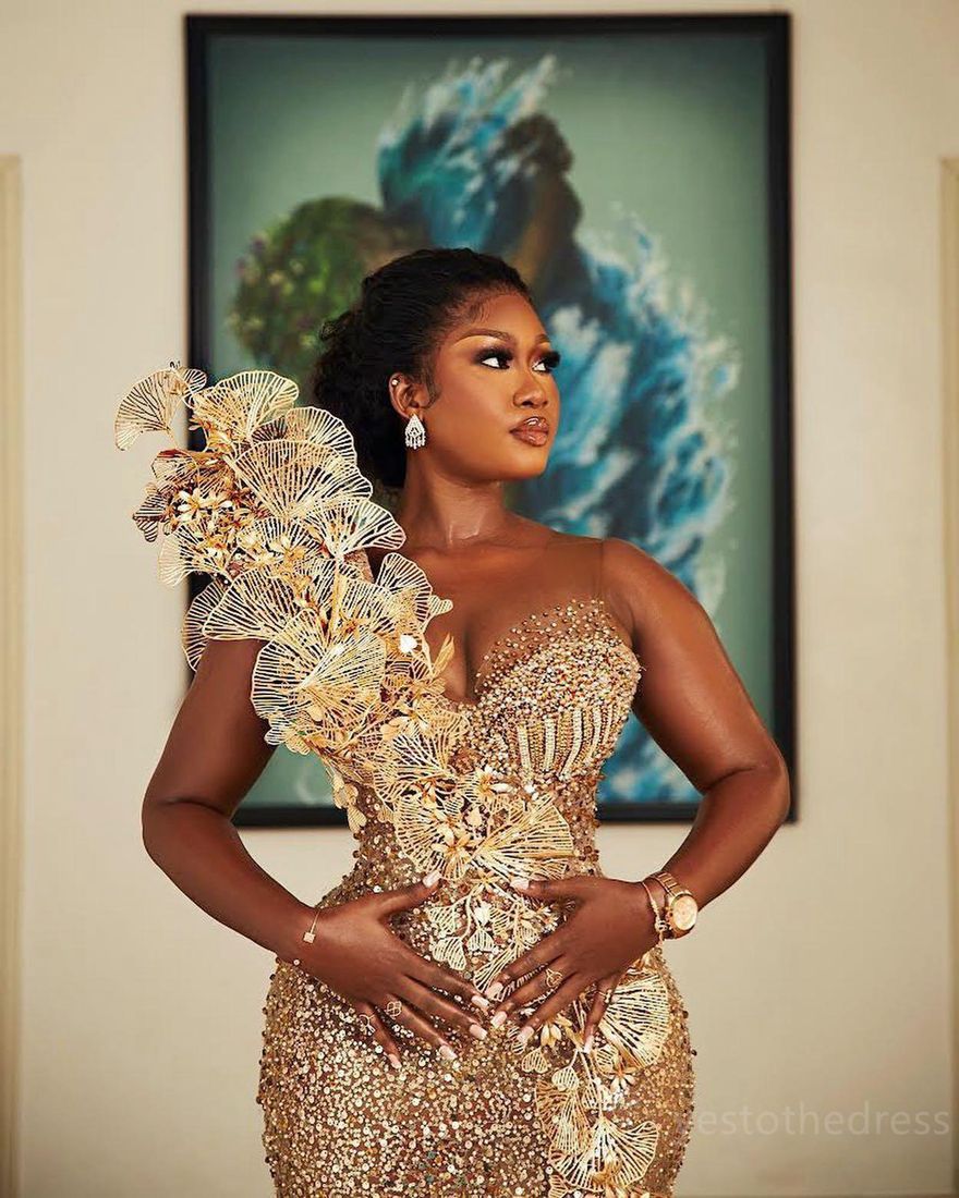2025 Gold Plus Size Aso Ebi Prom Dresses For Black Women Evening Gowns Sequined Lace Mermaid Sexy Side Split Birthday Party Dress Reception Engagement