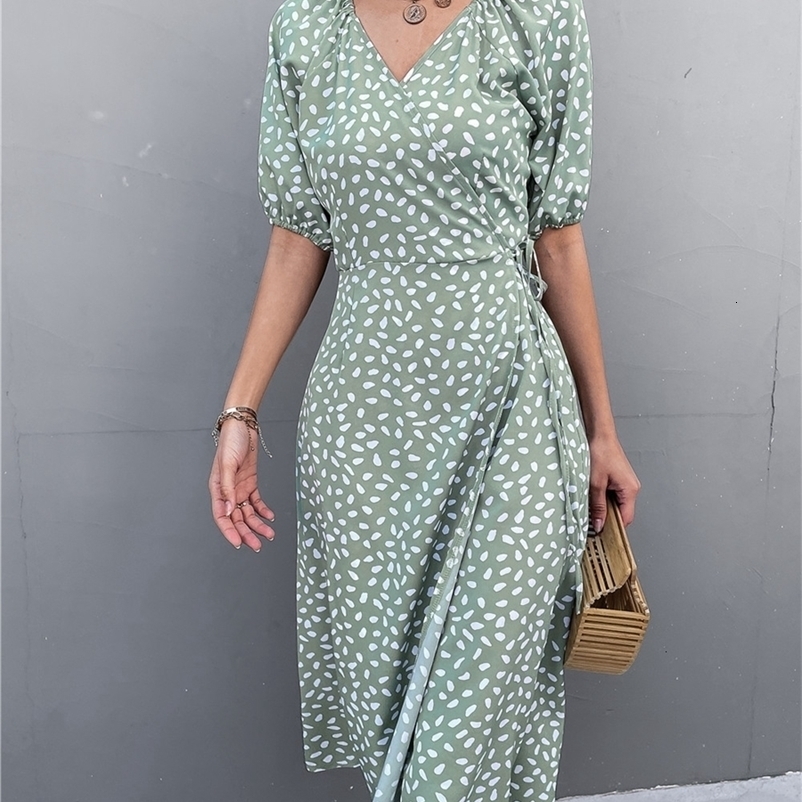 Casual Dresses Summer Wrap Dresses for Woman Short Sleeve V Neck Chiffon Dress Polka Dot Casual Fashion Streetwear Female Elegant Midi Dress 230316