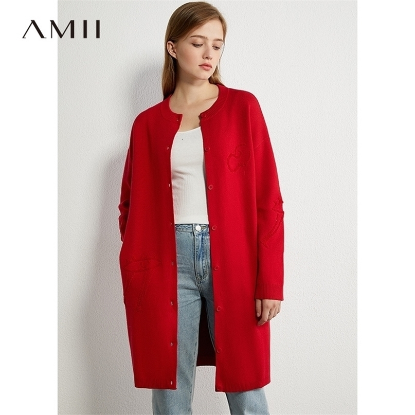 AMII Minimalism Autumn Winter Fashion Embroidery Women Cardigan Solid Oneck Knitted Singlebreasted Female Coat 12040788 201019