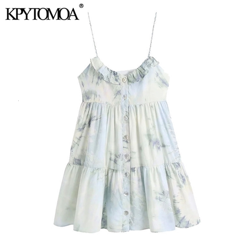 Women Chic Fashion With Ruffles Tie-dye Print Mini Dress Backless Thin Straps Female Dresses Vestidos 210420