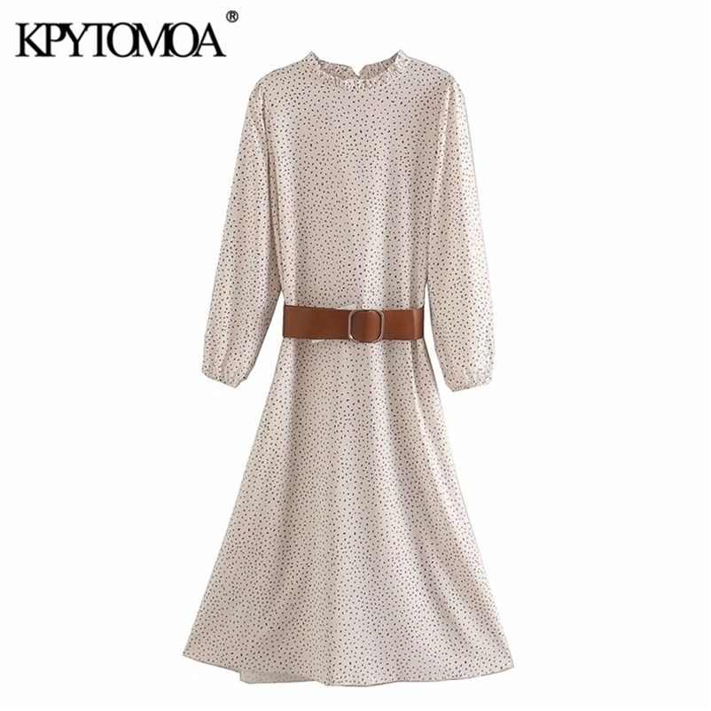 Women Elegant Fashion Polka Dot With Belt Midi Dress Ruffled Collar Long Sleeve Female Dresses Vestidos 210420