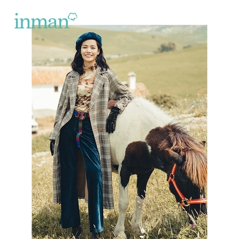 INMAN Spring Autumn Lapel Loose With Belt Retro Plaid Long Section Woman Trench Coat 201111
