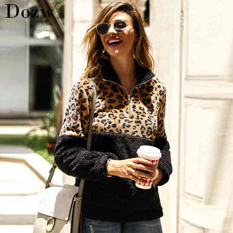 Women Leopard Patchwork Teddy Hoodies Autumn Winter Warm Fleece Pullover Long Sleeve Casual Zipper Hoodie Pockets Sweatshirts 210414
