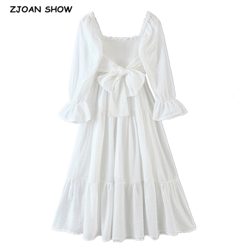 Spring 3D Dot White Elastic Ruched Body Long sleeve Swing Dress Elegant Women Tie Bow Sashes Pleated Midi Dresses Vestido 210429