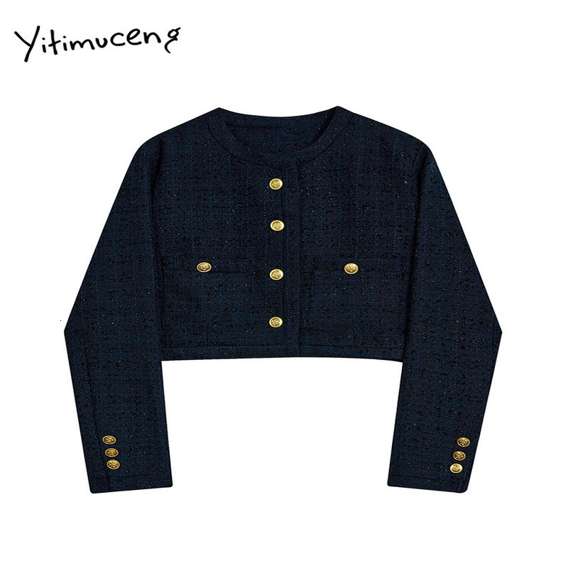 Yitimuceng Short Jackets for Women Autumn Winter Vintage Fashion Long Sleeve Tweed Jacket Casual O Neck Button Up Coats 240307