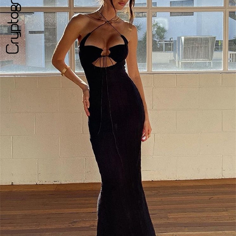 Casual Dresses Cryptographic Halter Sexy Backless Cut Out Tie Up Maxi Dress for Women Sleeveless Summer Club Party Gown Outfits Clothes 230216