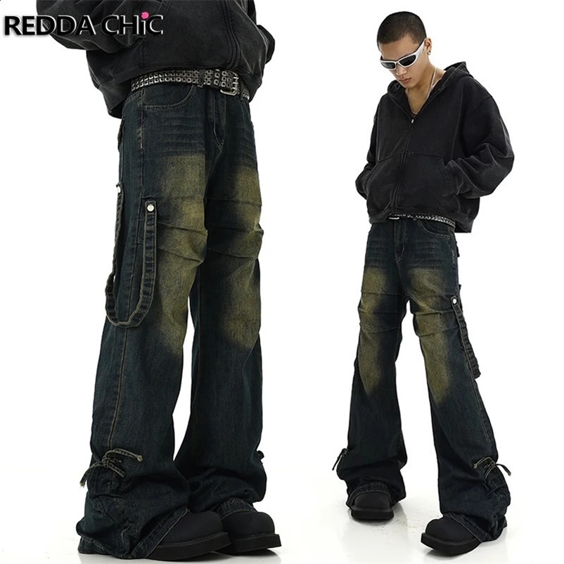 REDDACHiC Drawstring Stacked Flare Jeans Men Belt Deconstructed Whiskers Pleated Casual Wide Leg Bootcut Pants Hiphop Streetwear 240912