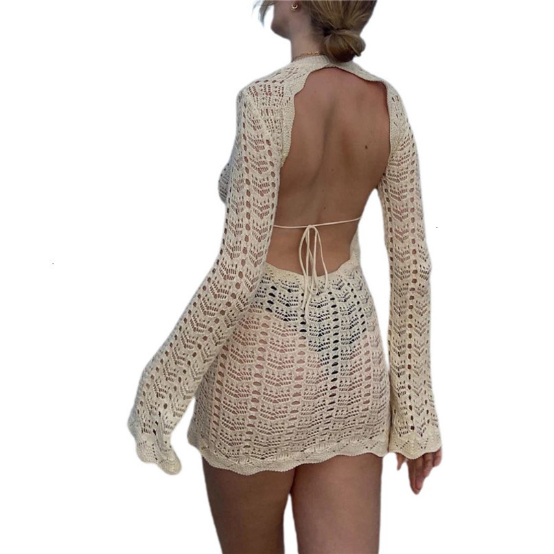 Lamuusaa Beach Dress Women Sexy Swimwear Bikini Cover Up Hollow Out Long Sleeve Backless Knitted Mini Club Party Dresses 250108