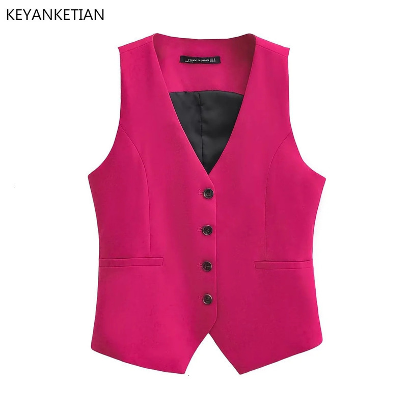 KEYANKETIAN Vneck Single Breasted Rose Red Suit Vest Women Slim Short Fashion Asymmetrical Thin Sleeveless Coat 240523
