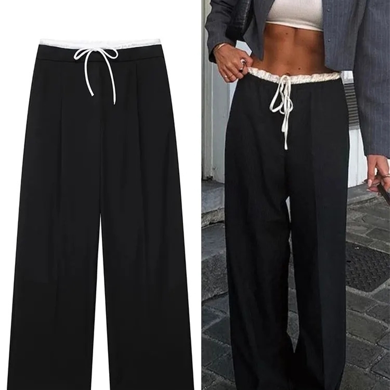 TRAFZA Fashion Woman Casual Trousers Patchwork Loose Women High Waist Long Pants Commute Female Chic Wide Leg Pant Z260314