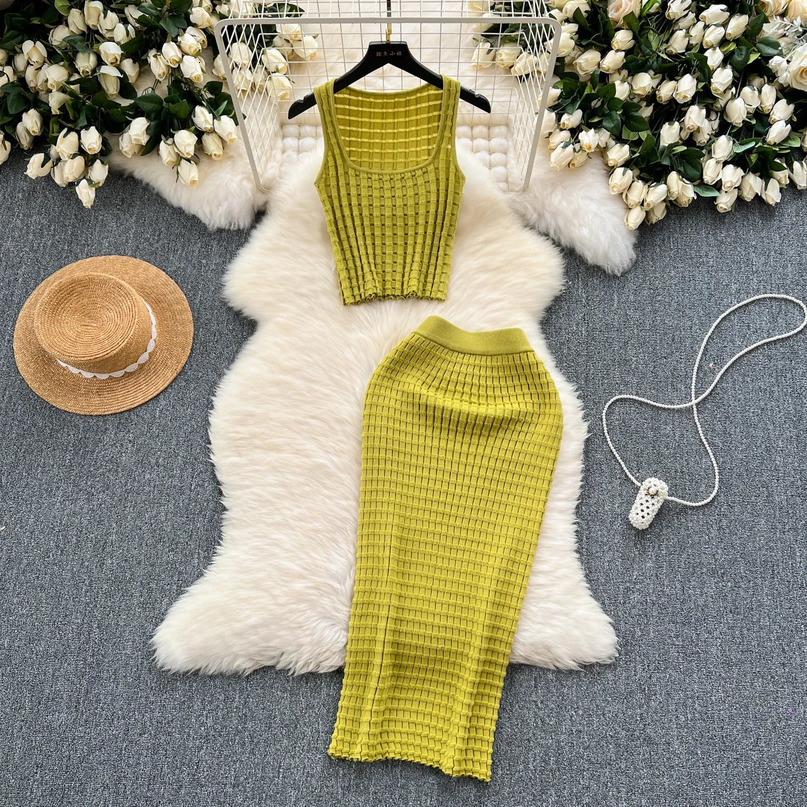 Summer Women Fashion Skirt Set Sexy Sleeveless Tank Tops High Waist Slim Long Saya Female Two Piece Suits Knit Solid Clothes 240423